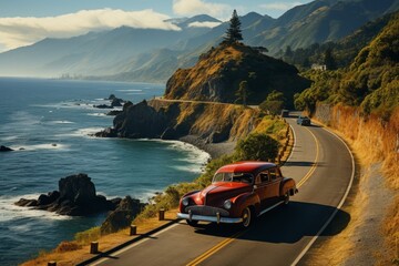 Vintage car cruising down a scenic coastal highway, Generative AI