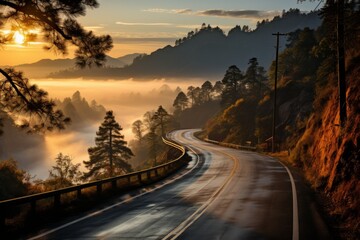 Winding mountain highway at sunrise, Generative AI