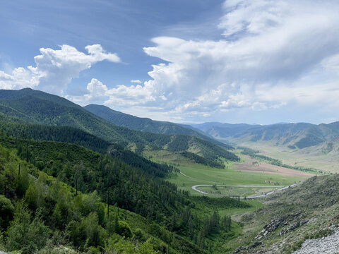 Landscape of mountains under blue sky with clouds, Mountain Altai.