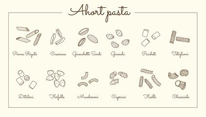 Set of Italian pasta. Vector outline art illustration