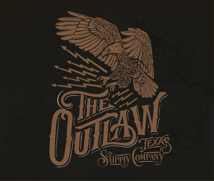 vintage eagle vector artwork, western vintage typography for t shirt, sticker, poster, graphic print, the outlaw typography