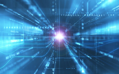 Obraz premium Binary code and data flowing with high speed light trails in futuristic tech tunnel. Abstract digital background.