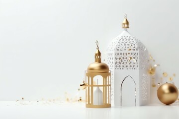 Obraz premium Eid mubarak and ramadan kareem greetings with islamic lantern and mosque. Eid al fitr background