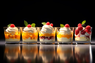 fruit dessert in mini glasses. healthy homemade potrion dessert - obrazy, fototapety, plakaty