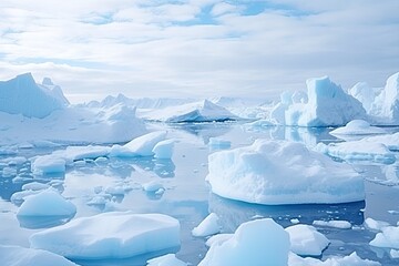 Fototapeta na wymiar Icy sea with snow-covered rocks and icebergs, winter scenery. Generative AI