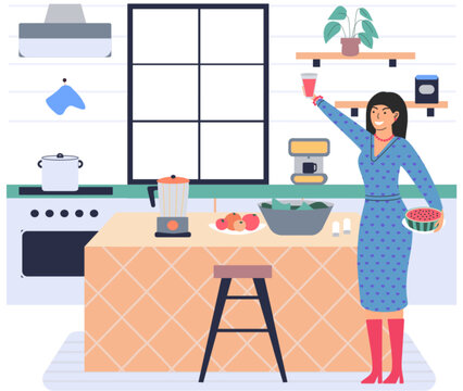 People cooking vegetarian food. Vector illustration. Cute girl cooking homemade meals in kitchen. Cooking dietary dishes. Woman cutting salad ingredients by recipe. Woman preparing salad
