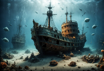 Sunken ships under water. Generative AI - obrazy, fototapety, plakaty
