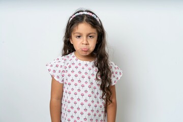 Dismal gloomy rejected beautiful kid girl wearing dress has problems and difficulties, curves lower...
