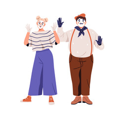 Mimes, street actors couple. French artists gesturing with hand. Woman and man performers with face makeup during dumb comedy performance. Flat graphic vector illustration isolated on white background