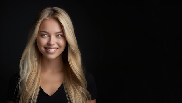 Portrait of young happy woman looks in camera. Skin care beauty, skincare cosmetics, dental concept isolated over black background.