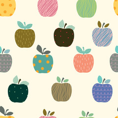 Seamless pattern with cute cartoon apple . Abstract apple with spots, dots, line, grunge. Vector illustration.