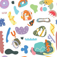 Seamless pattern with cute geomertic figure, dots, spots, line, grunge. Cartoon vector illustration on white background.