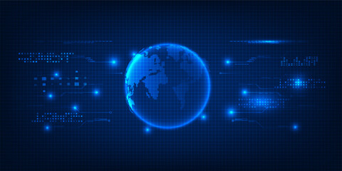 Vector illustration of futuristic tech neon blue globe with hi-tech digital grid line and circuit around.Future digital communication innovation and technology concepts.