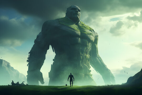 Fantasy art landscape with giant statue - digital illustration.