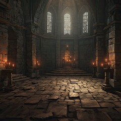 An illustration of the candles inside of a stone castle hall. Illustration of an altar in a medieval gothic cathedral. Fantasy game location. Game design - obrazy, fototapety, plakaty