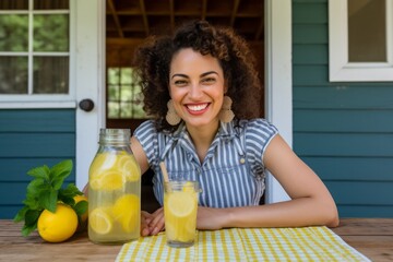 Portrait of a beautiful young woman drinking lemonade at home.
