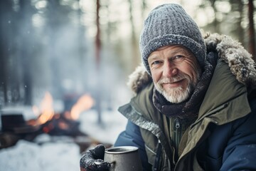 Portrait of an elderly man with a mug of hot tea in the winter forest.