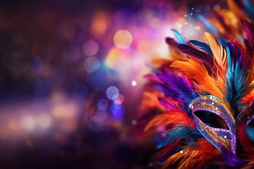 Gardinen Colourful masquerade mask in bright colours on the blurred festive background with bokeh , party, Rio, Venice and Tenerife carnival cocnept © vasanty