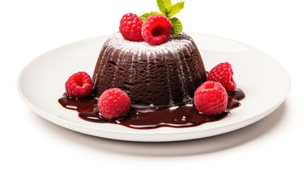 plate of chocolate lava cake with rasperries (Generative AI)