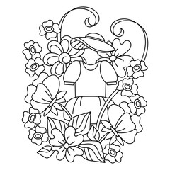Coloring book for girls dress, hat and flowers. Clothes for the doll. Cute children's fashion.