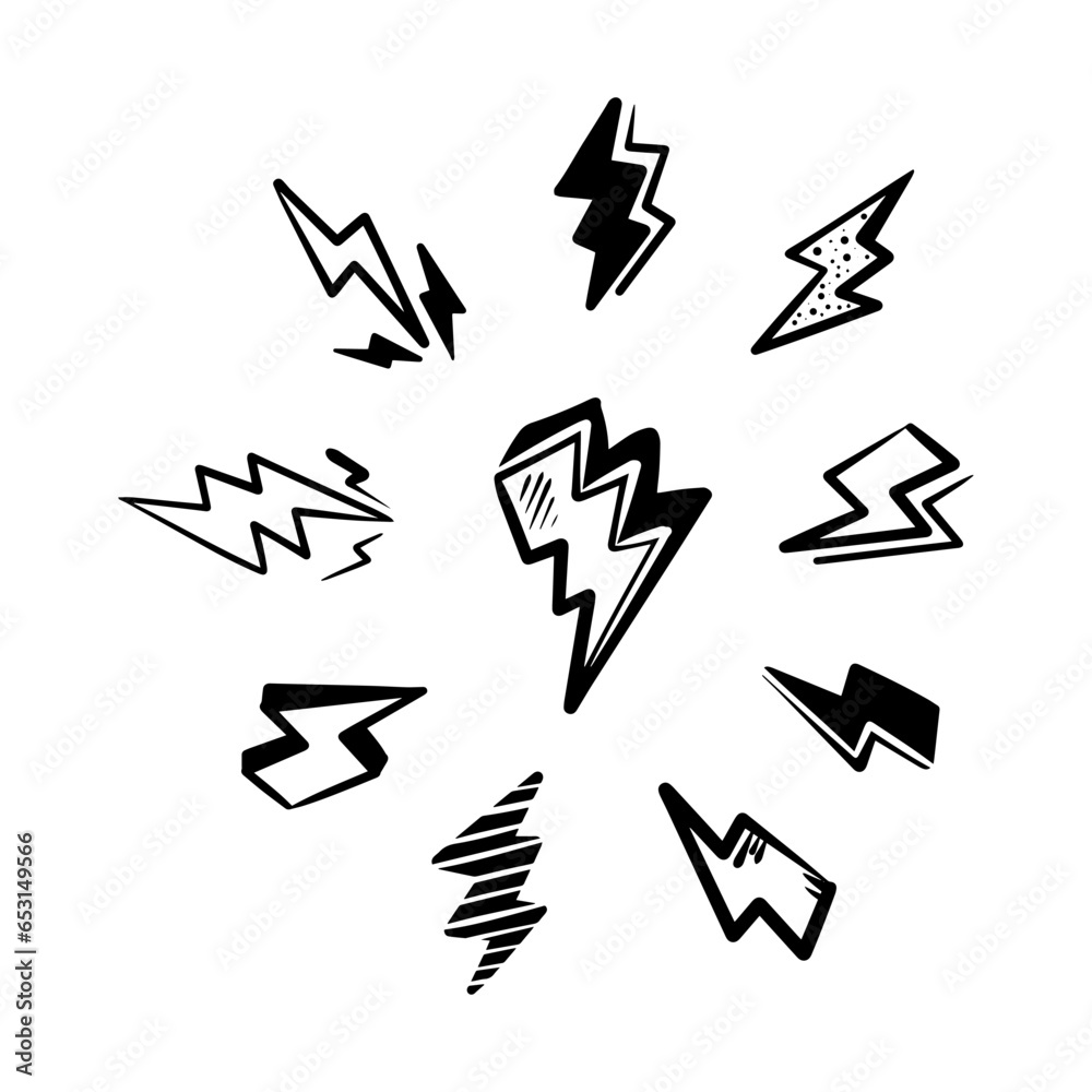 Wall mural hand drawn vector doodle electric lightning symbol sketch. thunder, vector illustration