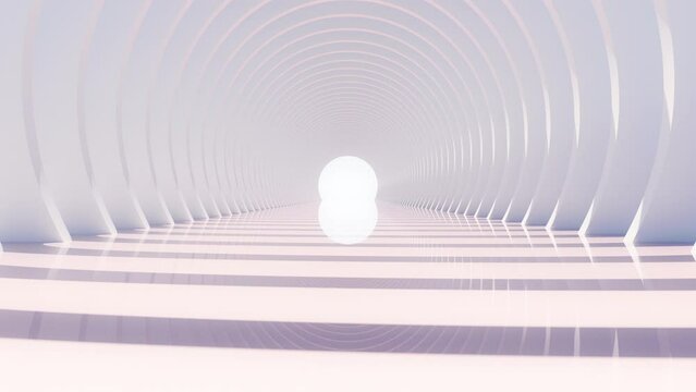 3D render of slow moving camera through white round arch passage in day light with sun shadow and reflections on floor, 4K seamless loop abstract architectural live wallpaper
