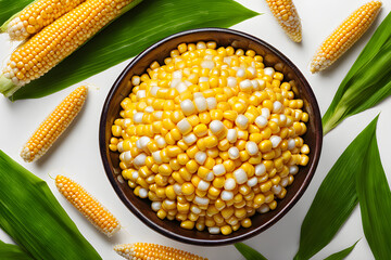 fresh yellow corn seeds In a brown wooden bowl Surrounded by cobs and green leaves.