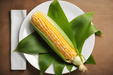 Bright yellow corn in a white bowl, wooden background