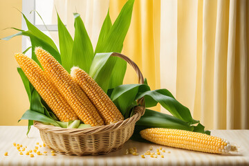 bright yellow corn light green leaves in a wicker basket yellow curtain window background