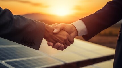 Hands of businessman shaking hand to corporate investment in the solar energy park, successful in green innovation investment. - obrazy, fototapety, plakaty