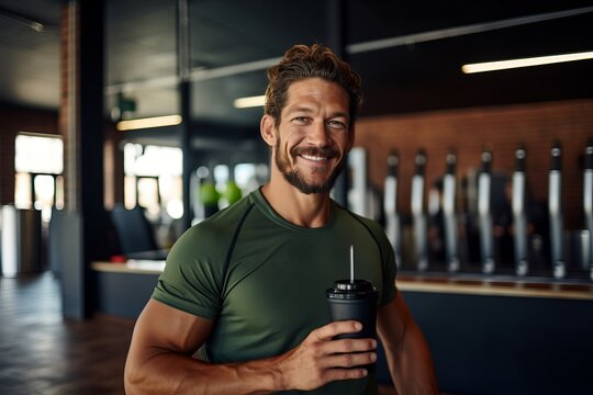 Portrait of a smiling man holding a protein shake in a gym.