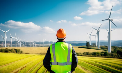 Engineer is checking energy production on wind turbine farm - Alternative and renewable energy concept
