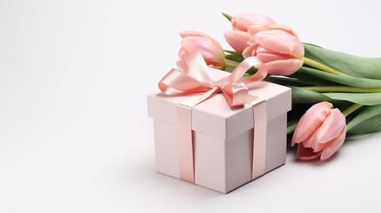 Fresh tulips and a box with a gift on a neutral background.