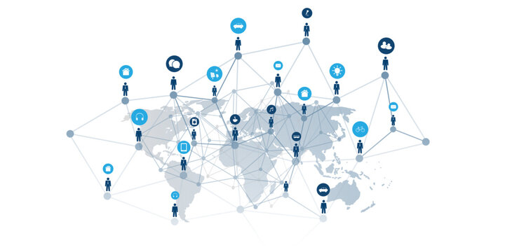 Modern Style Global Networks, Worldwide Business, IT Connections - Social Media Concept Design with Globally Connected People, Geometric Polygonal Mesh, Icons and World Map - Isolated Vector Template