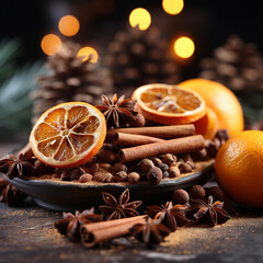 Christmas spices. Cinnamon sticks, star anise and orange, Generative AI