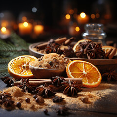 Fototapeta na wymiar Christmas spices. Cinnamon sticks, star anise and orange, Generative AI