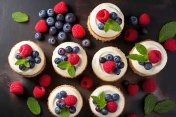 A set of cheesecake cakes with berries