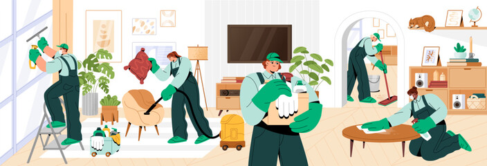 People in uniform work in cleaning service. Professional cleaners clean apartment, home interior. Experts with washing equipments: brush, mop, vacuum. Housework, housekeeping flat vector illustration