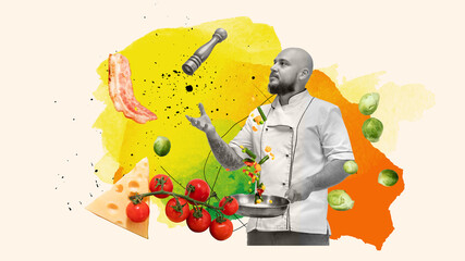 Bald man, restaurant chef making delicious dinner, cooking meat with vegetables. Contemporary art collage. Concept of profession, occupation, work, creativity, job fair, hobby, ad