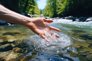 A man's hand touches seawater