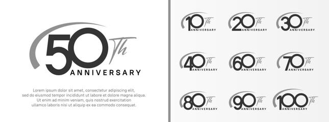 set of anniversary logo black color number and gray swoosh on white background for celebration - obrazy, fototapety, plakaty