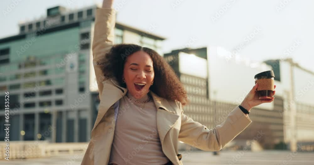 Wall mural Business woman, phone and celebration in street, city and happy for win, crypto trading or giveaway on web. Entrepreneur, trader and winner with smartphone, esports gambling or lotto in Seattle metro