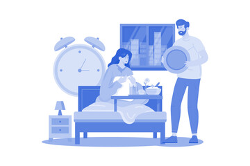 A man prepares a special breakfast in bed for the woman