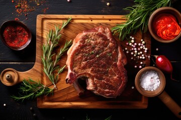 Raw meat steak with rosemary on a cutting board, top view - obrazy, fototapety, plakaty