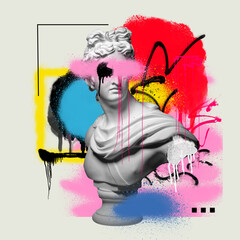 Antique statue bust painted in colorful paints, graffiti over light background. Street style....