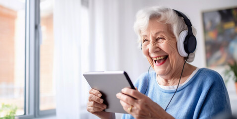 Lifestyle portrait of elderly woman wearing headphones and using tablet to video call and watch streaming entertainment, excited expression - obrazy, fototapety, plakaty