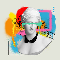 Antique statue bust painted colorful graffiti over light background. Street style. Contemporary art collage. Concept of postmodern, creativity, abstract art, imagination, pop art. Creative design