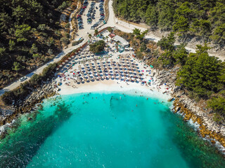 Marble Beach or Saliara Beach in Thassos Island , north-east side of Greece , aerial drone image.