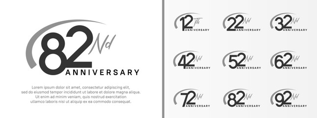 set of anniversary logo black color number and gray swoosh on white background for celebration