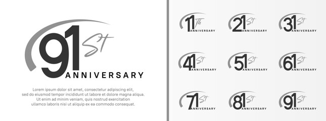 set of anniversary logo black color number and gray swoosh on white background for celebration - obrazy, fototapety, plakaty